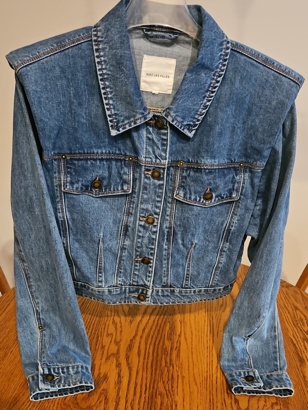 Avec Les Filles Flange Shoulder  Cropped Denim Jacket with Button Front